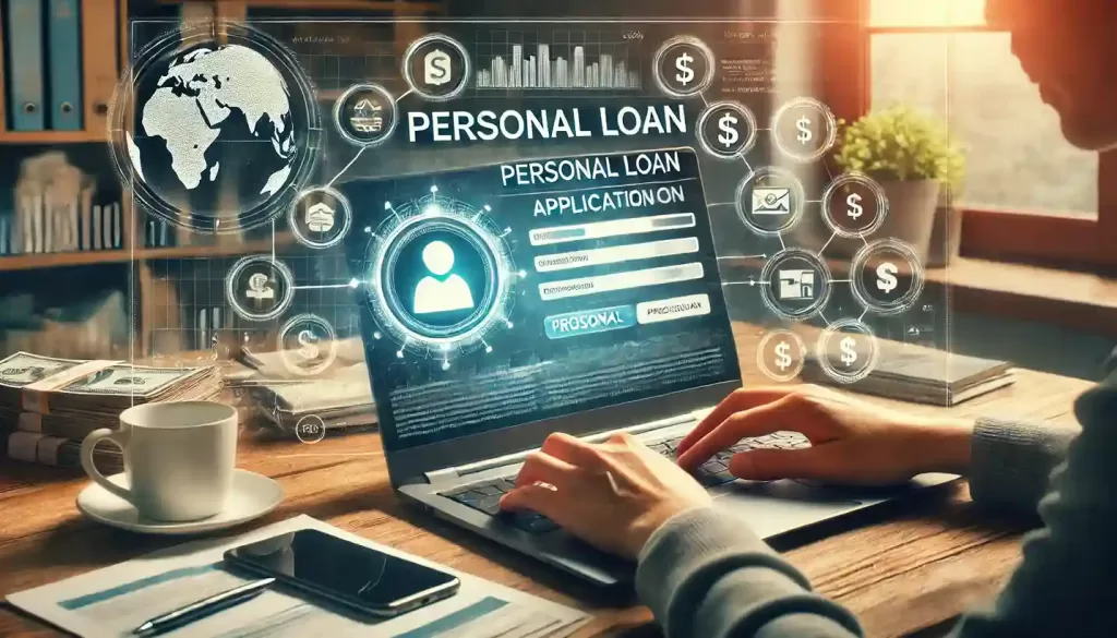 A dynamic and natural image of a person applying for a personal loan online on a laptop. The screen displays a loan application form, with the text "Personal Loan" prominently featured. The background includes global financial symbols, a world map, currency icons, and a cozy home office setting with financial documents, a smartphone, and a cup of coffee.