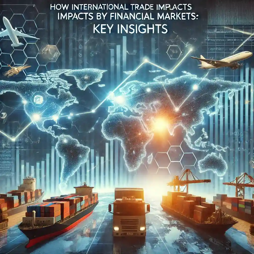An illustration of global financial markets influenced by international trade. A digital stock market display with rising and falling graphs overlays a world map with trade routes. Cargo ships, airplanes, and shipping containers symbolize global trade. The image includes text: 'How International Trade Impacts Global Financial Markets: Key Insights,' representing economic interconnectedness and financial analysis.