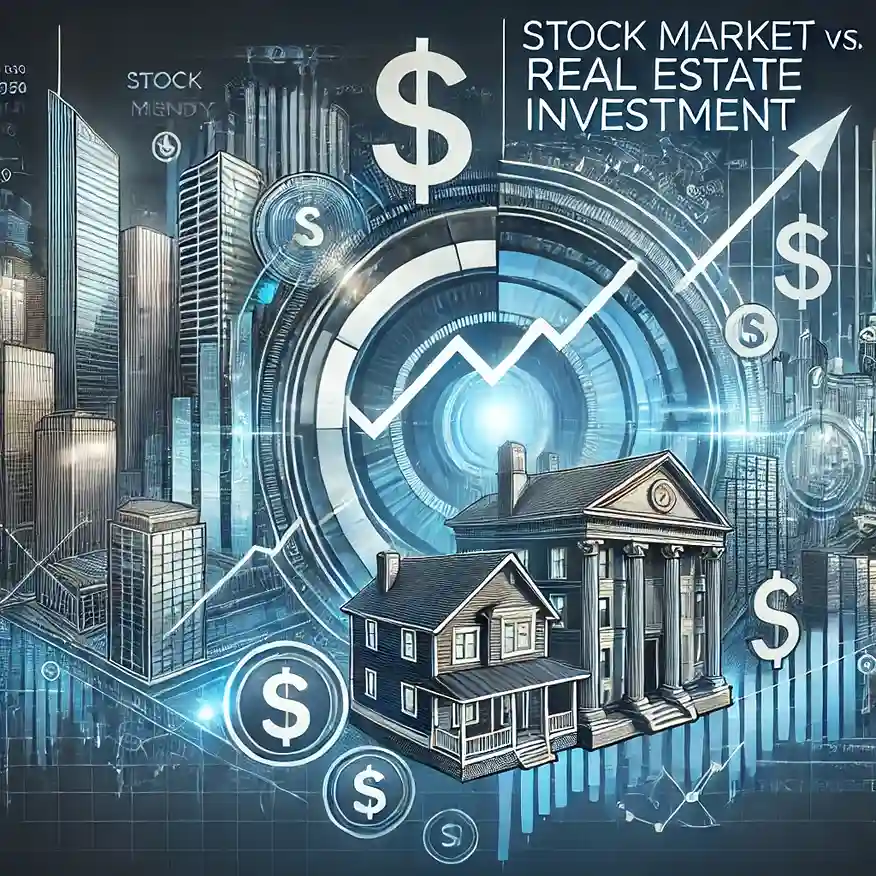 Stock Market vs. Real Estate Investment – A balanced digital image featuring a stock graph, real estate properties, and dollar signs, representing financial investment comparison.