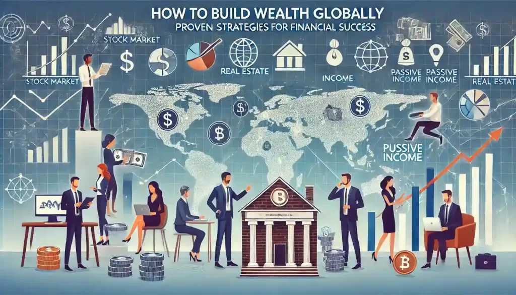 Diverse people engaging with financial symbols such as stock market charts, real estate icons, cryptocurrency symbols, and passive income illustrations, set against a world map background representing global wealth-building.