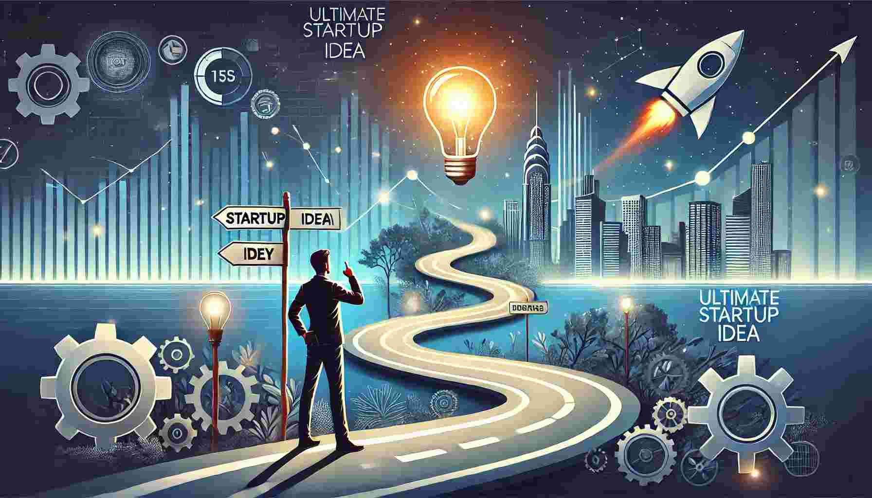 illustration of a startup journey featuring a young entrepreneur holding a glowing lightbulb, symbolizing innovation. A winding path leads to a thriving city skyline, representing business success. Along the path, milestones such as planning, funding, and growth are depicted. The background includes graphs, gears, and rocket launches, emphasizing progress and entrepreneurship. The text 'Ultimate Startup Idea' is displayed at the top.